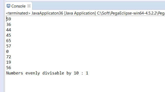 E Console 3 terminated> JavaApplicaton36 Java Application] C Soft PegaEclipse-win64-4.5.2.2Peg 36 45 65 57 72 19 56 Numbers e