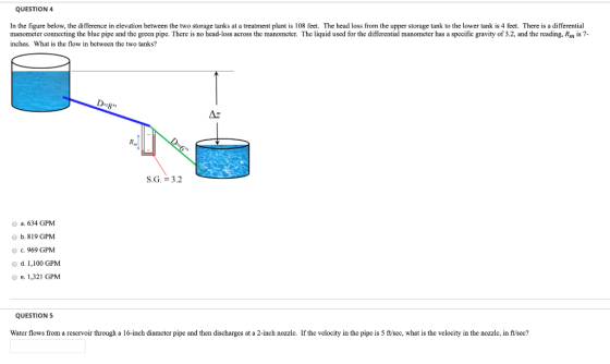 QUESTION 4 the lower tank is 4 feet. There is a differential In the figure below, the difference in elevation between the two