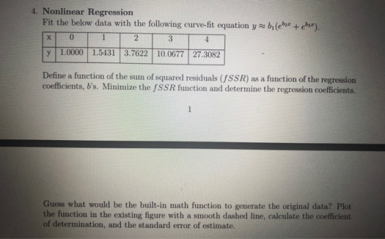 4. Nonlinear Regression Fit the below data with the following curve-fit equation y bi (ebr + 2 1.0000 1.5431 3.7622 10.0677 2