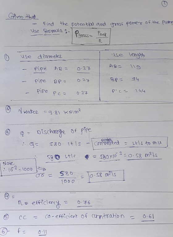 Ciren thad find the potential and gross foreγ of the puap , nL use dlamelez use lenght -Pipe ABO 3t PiPe PC037 Note 00 = S80