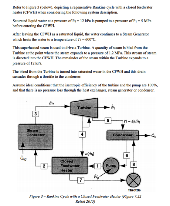 Refer to Figure 3 (below), depicting a regenerative Rankine cycle with a closed feedwater heater (CFWH) when considering the