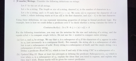 2. 9 marks] Strings. Consider the following definitions on strings Let U be the set of all strings. Let s be a string. The le