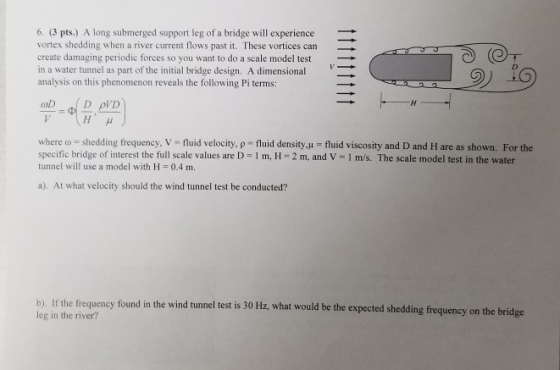 6. (3 pts.) A long submerged support leg of a bridge will experience vortex shedding when a river current flows past it. Thes