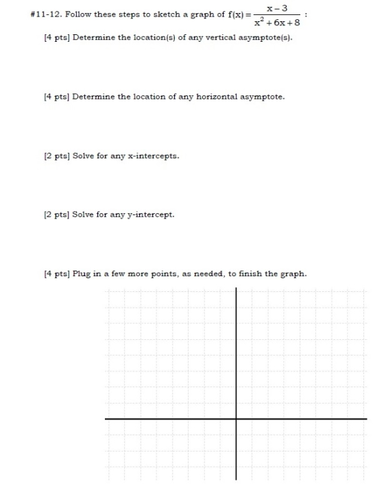 X 3 #11-12. Follow these steps to sketch a graph of f(x) 2 x6x8 [4 pts] Determine the location(s) of any vertical asymptote(s