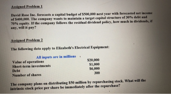 Assigned Problem 1 David Rose Inc. forecasts a capital budget of $500,000 next year with forecasted net income of $400,000. T
