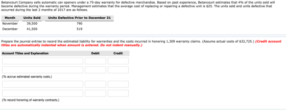 Betancourt Company sells automatic can openers under a 75-day warranty for defective merchandise. Based on past experience, B