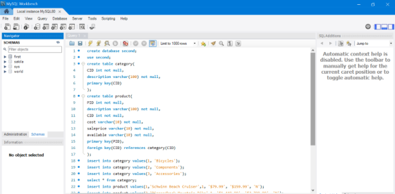MySQl Workbench Local instance MySQL80 × File Edit View Query Database Server Tools Scripting Help Navigator ucry HFTAOSILimi