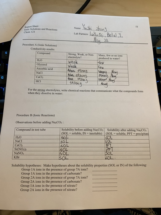 51 Report Sheet Name Rear Chem 121 Lab Partners Procedure A (lonic Solutions) Conductivity results: Strong. Weak, or Non- Man