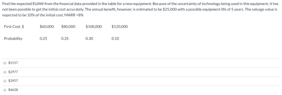 Find the expected EUAW from the financial data provided in the table for a new equipment. Because of the uncertainty of techn