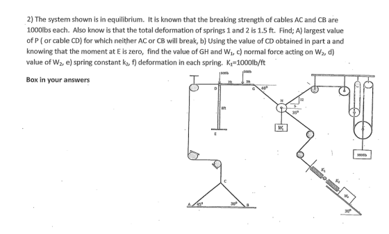 2) The system shown is in equilibrium. It is known that the breaking strength of cables AC and CB are 1000lbs each. Also know