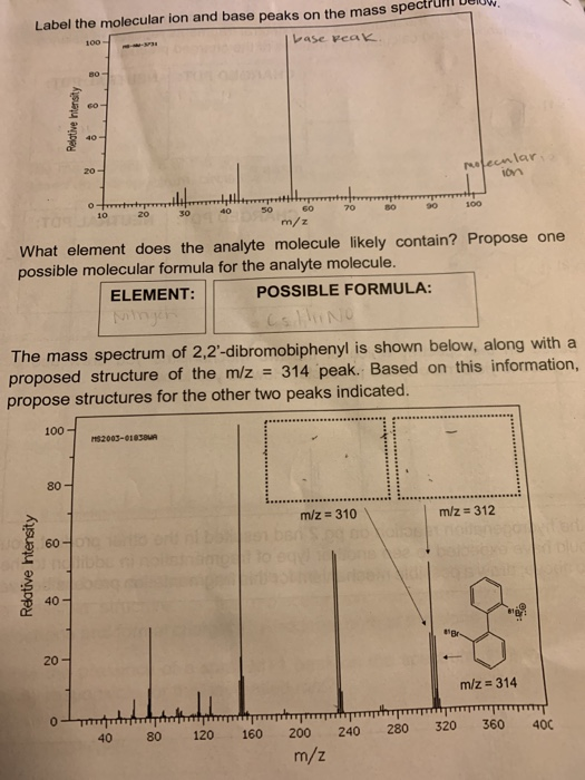 Label the molecular ion and base peaks on the mass spectrui Delu 100 レase peak ion 1020 3o 40 o 6O 70 B0 100 m/z What element