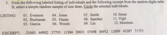 From the following labeled listing of individuals and the following excerpt from the random digits table B, select a simple r