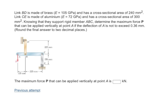 Link BD is made of brass (E 105 GPa) and has a cross-sectional area of 240 mm2. Link CE is made of aluminium (E 72 GPa) and h