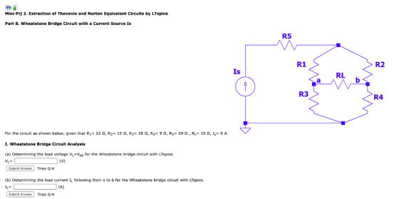Mini-Prj 2. Extraction of Thevenin and Norton Equivalent Circuits by LTspice Part B. Wheatstone Bridge Circuit with a Current