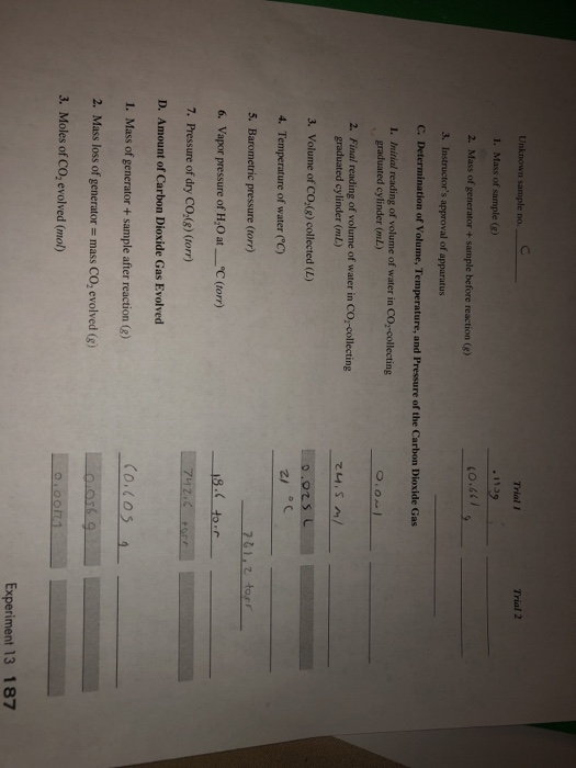 Unknown sample no. C Trial I Trial 2 1. Mass of 2. Mass of generator + sample before reaction () 3. Inst s approval of appara