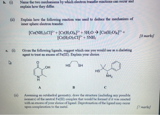 (i) explain how they differ. b. (ii) Explain how the following reaction was used to deduce the mechanism of inner sphere elec