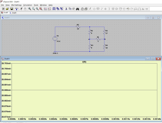 LTspice XVII - Draftl File View Plot Settings Simulation Iools Window Help Draftt Draft R5 19 R2 Vs RL 74 V R3 R4 18 .tran 1