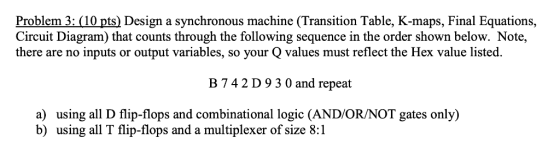Problem 3:(10 pts) Design a synchronous machine (Transition Table, K-maps, Final Equations, Circuit Diagram) that counts thro