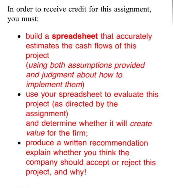 In order to receive credit for this assignment, you must: . build a spreadsheet that accurately estimates the cash flows of t