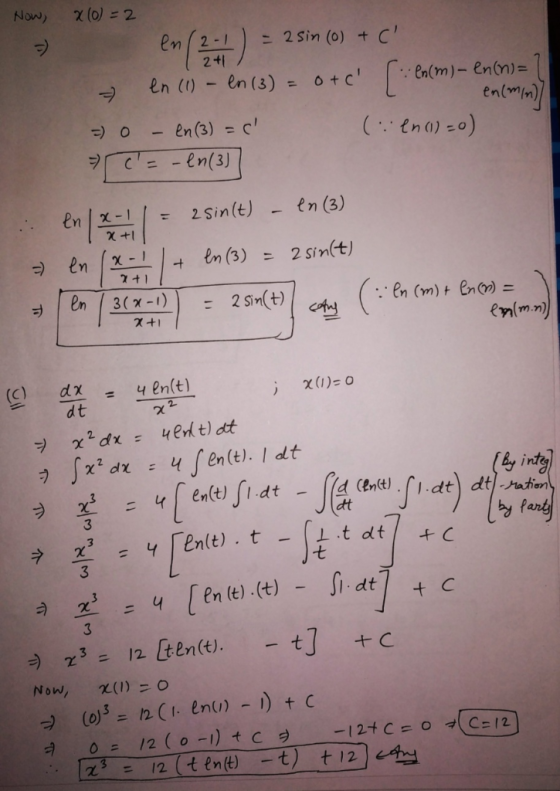 241 en(m/n) (tn) -o) 2sin(t) -en (3) en1의 햇十1 en(m.n) dt nta dta Cent).dt d atin [en (t) .(t) 4 ニ Now, χ(1)