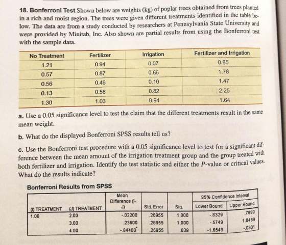 18. Bonferroni Test Shown below are weights (kg) of poplar trees obtained from trees planted in a rich and moist region. The