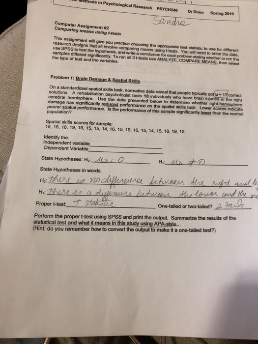 othods in Psychological Research PSYCH248 Dr Dunn Spring 2019 andra Computer Assignment #2 Comparing means using ttests This