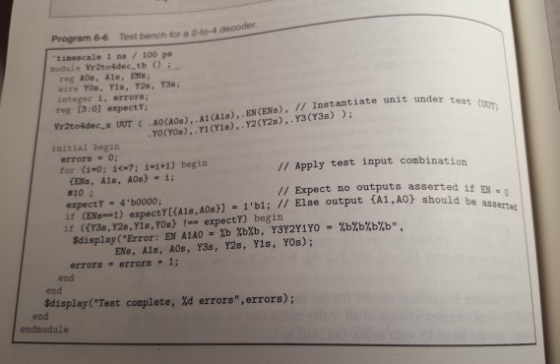 Program 6-6 Test bench for a 2-to-4 decoder tinescale i ne 7 100 ps nodule Vr2to4dec tb O integer i, errors; reg (3:0] expect