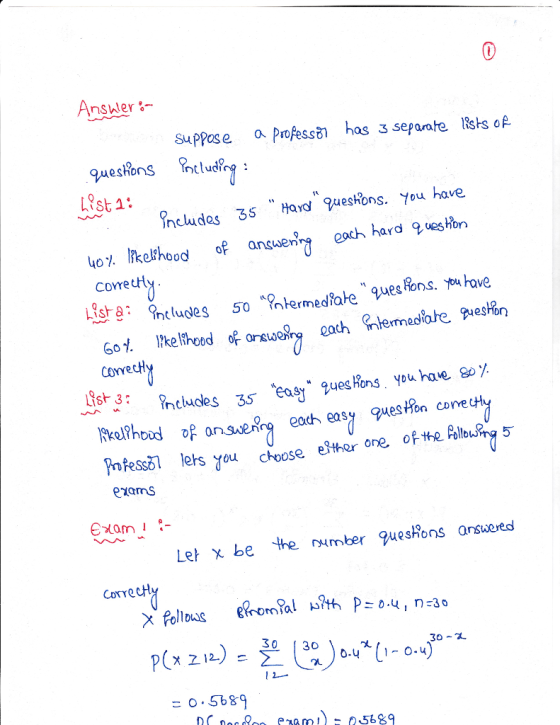 Answer Suppose a Propessi has 3 sepaate Rsts of list 1 : 40 %hkerhood Lista includes 35 Hand Queshons. You have ech ha answer