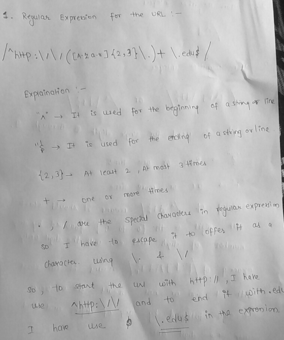 4. Regular Exprefen for the URL - /AHp:(A2a] 42,3)+ \eauf Explainaton T is ued for the beginning of asting ar ine It is used