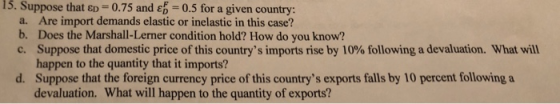 15. Suppose that ED 0.75 and e 0.5 for a given country: Are import demands elastic or inelastic in this case? Does the Marsha