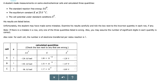 A student made measurements on some electrochemical cells and calculated three quantities 0 The standard reaction free energy