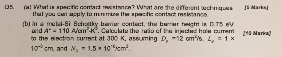 Q5. (a) What is specific contact resistance? What are the different techniques [5 Marks] that you can apply to minimize the s