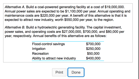 coal-powered generating facility at a cost of $19,000,000 Annual power sales are expected to be $1,100,000 per year. Annual o