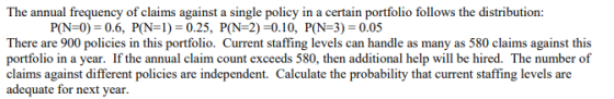 The annual frequency of claims against a single policy in a certain portfolio follows the distribution: P(N-0) 0.6, P(N-1) 0.