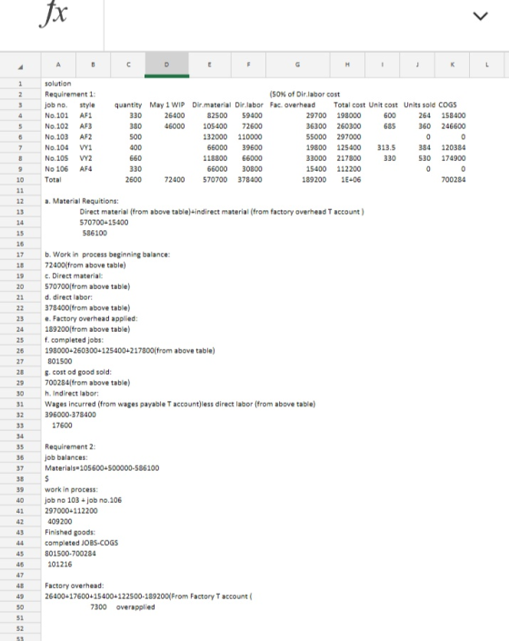 Jxc L C A D E Hi K L solution 1 (50% of Dir.labor cost Requirement 1: 3 job no. style quantity May 1 WIP Dir.material Dir.lab