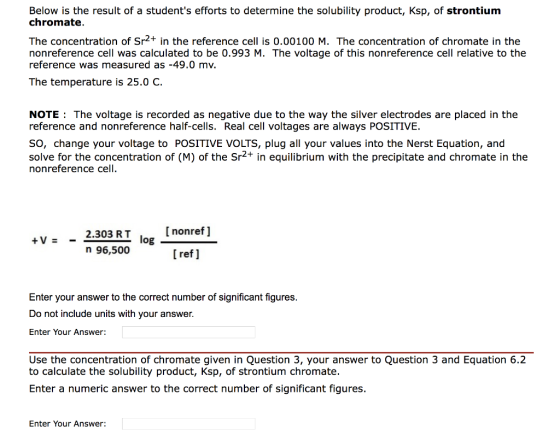 Below is the result of a students efforts to determine the solubility product, Ksp, of strontium chromate. The concentration