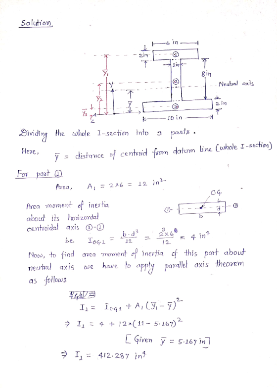 Solutio») 21η gin Neutral axis 2. in par* Bividing the hol-secion into Here, distance of centtid fom datum line[whole 1-secti