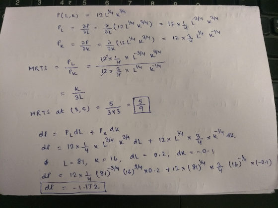 4マ 5 6 3/4 P(L,K) 12 L -2/4bl4 12L K4) P = 12 x L 2 Yu 1.2. x (12 L4 P 2 1C 12 L L MRTS PK 3L MRTS at (3,6) 3 3 PLdL df + Py
