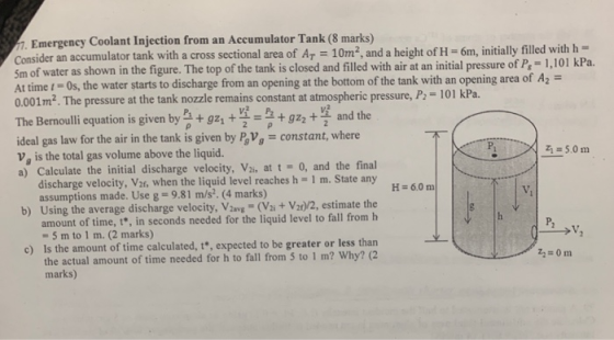 .Emergency Coolant Injection from an Accumulator Tank (8 marks) Consider an accumulator tank with a cross sectional area of A