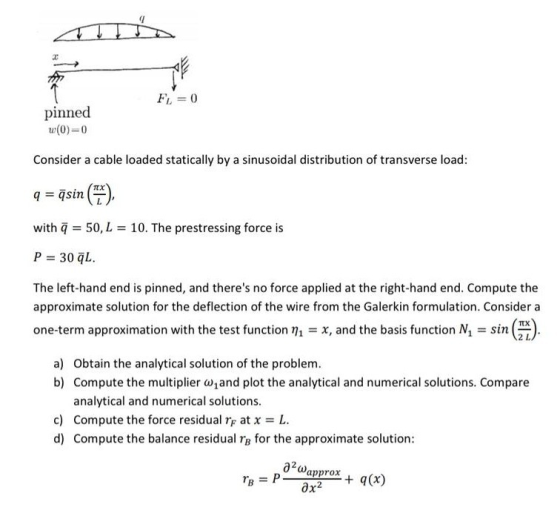 FL = 0 pinned u(0) 0 Consider a cable loaded statically by a sinusoidal distribution of transverse load q = qsin (프 with 50,