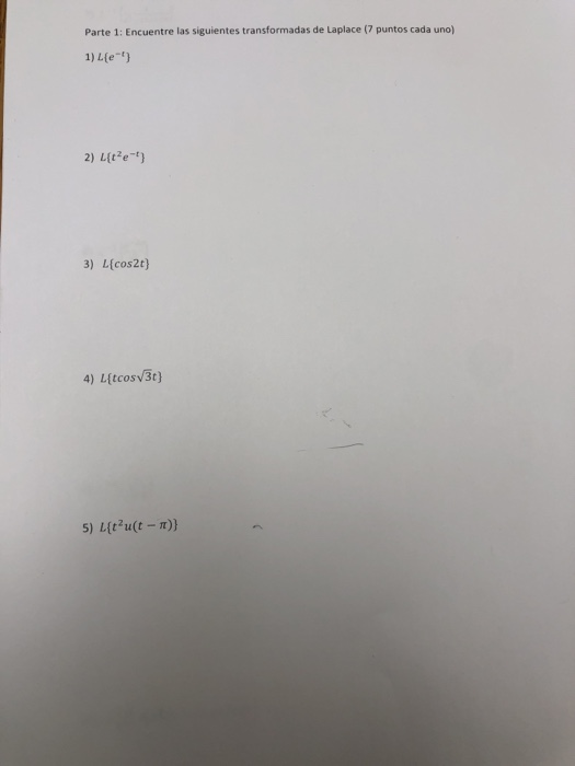Parte 1: Encuentre las siguientes transformadas de Laplace (7 puntos cada uno) 1) L(e-t) 2) Lit e-t) 3) Licos2t) 4) Litcosv3t