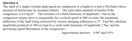 Question 4 The shaft of a single-cylinder high-speed air compressor is coupled moment of inertia may be assumed infinite. The