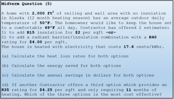 Midterm Question (5) A home with 2,000 ft2 of ceiling and waiï area with no insuïation in Alaska (12 month heating season) ha