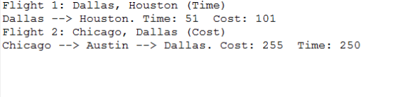 Flight 1: Time Dallas, Houston Dallas -> Houston. Time: 51 101 Cost Flight 2: Chicago, Dallas (Cost) Chicago - Austin Time: 2