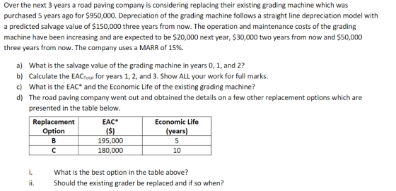 Over the next 3 years a road paving company is considering replacing their existing grading machine which was purchased 5 yea