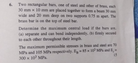 Two rectangular bars, one of steel and other of brass, each 30 mm x 10 mm are placed together to form a beam 30 mm wide and 2