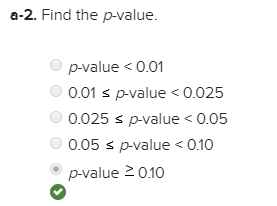 a-2. Find the p-value. p-value O.01 0.01 s p-value<0.025 0.025 p-value<0.05 0.05 pvalue<O.10 p-value 20.10