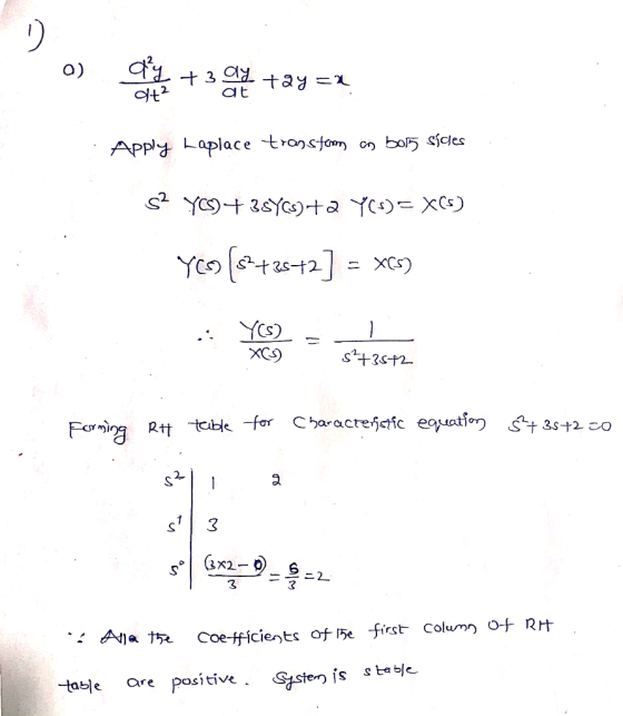 +3 +ay =1 At bo5 sicles APply Laplace tronstomm on YC3YC)+ YC= XCs) Yo26-2] YCS s3t2 Farmi Rtt teble-forCbaractefctic eguatio