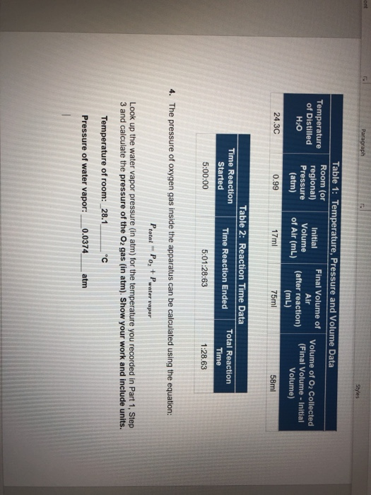 ont Paragraph Styles Table 1: Temperature, Pressure and Volume Data Room (or regional) Pressure (atm) Temperature Final Volum