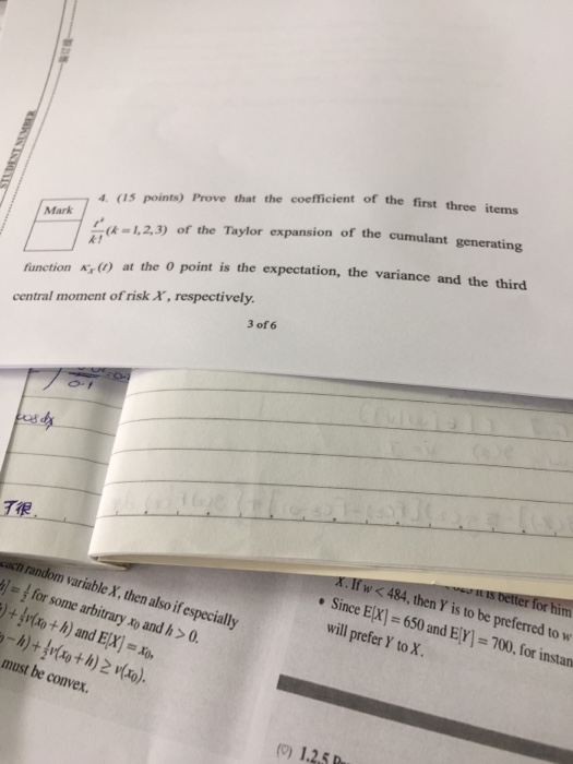 4 (15 points) Prove that the coefficient of the first three items the Taylor expansion of the cumulant generating Mark a-1,2,